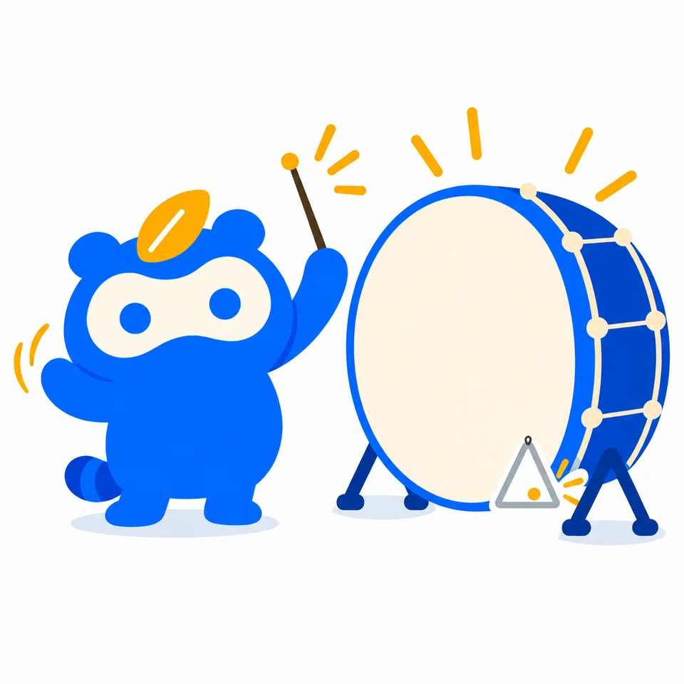 巨大な太鼓と小さなトライアングルに指揮をするマスコット。