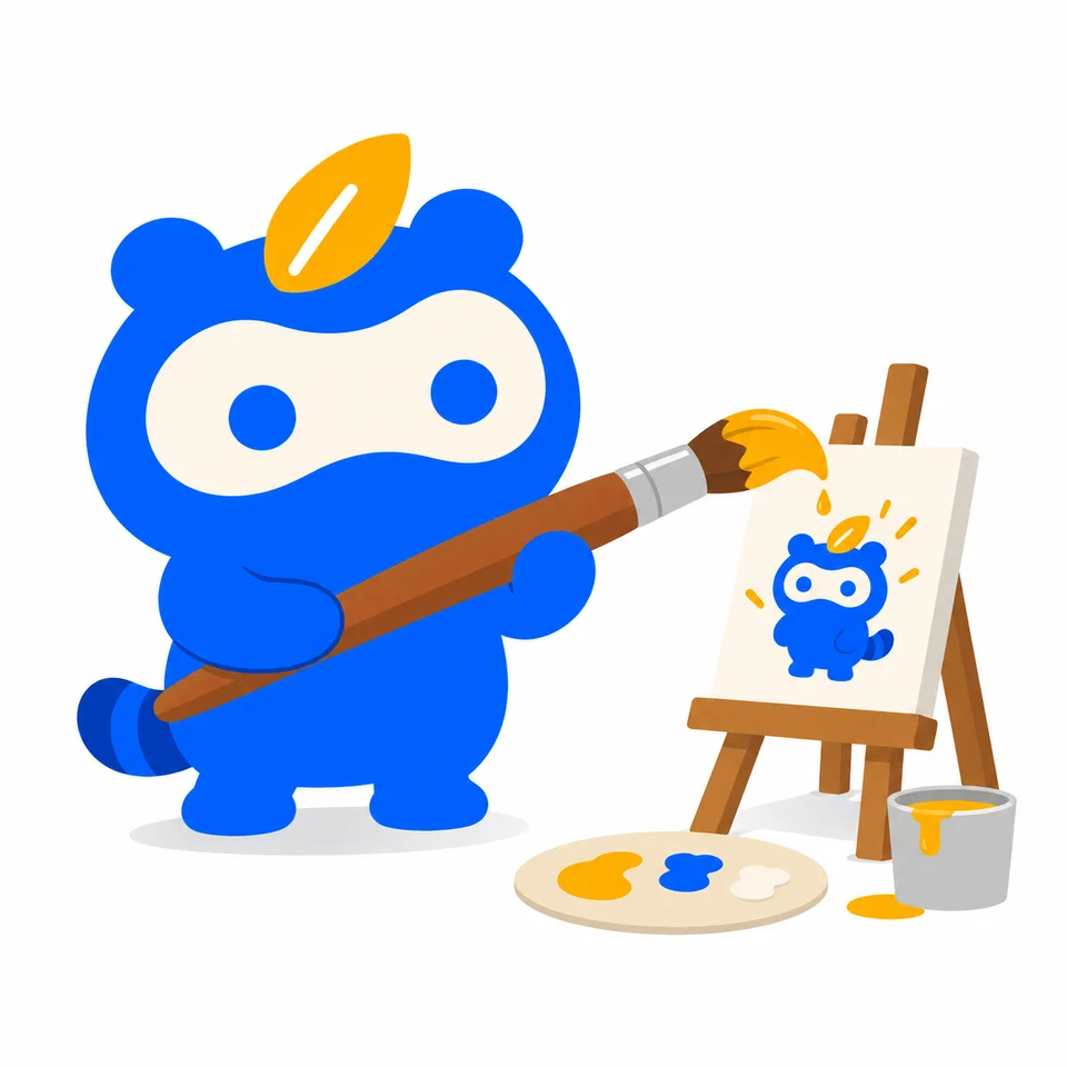 小さな絵を巨大な筆で描こうとするマスコット。