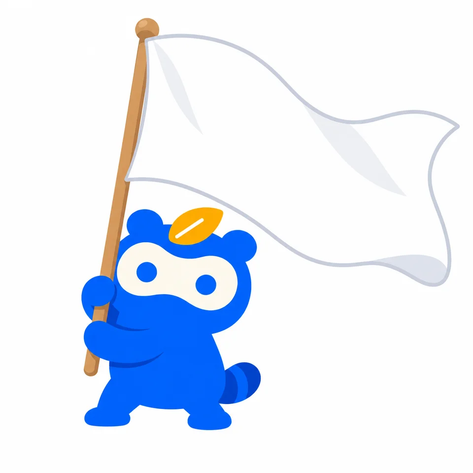 大きな白い三角旗の棒を抱えるマスコット。