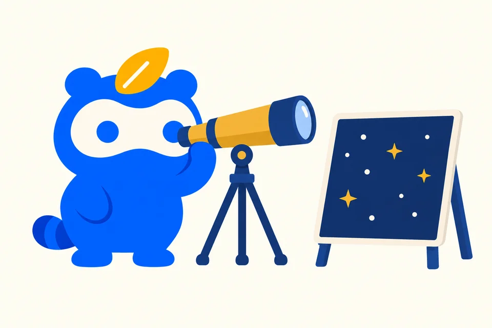 望遠鏡と装飾の星を描いた板で観察を準備するソクポンのマスコット。