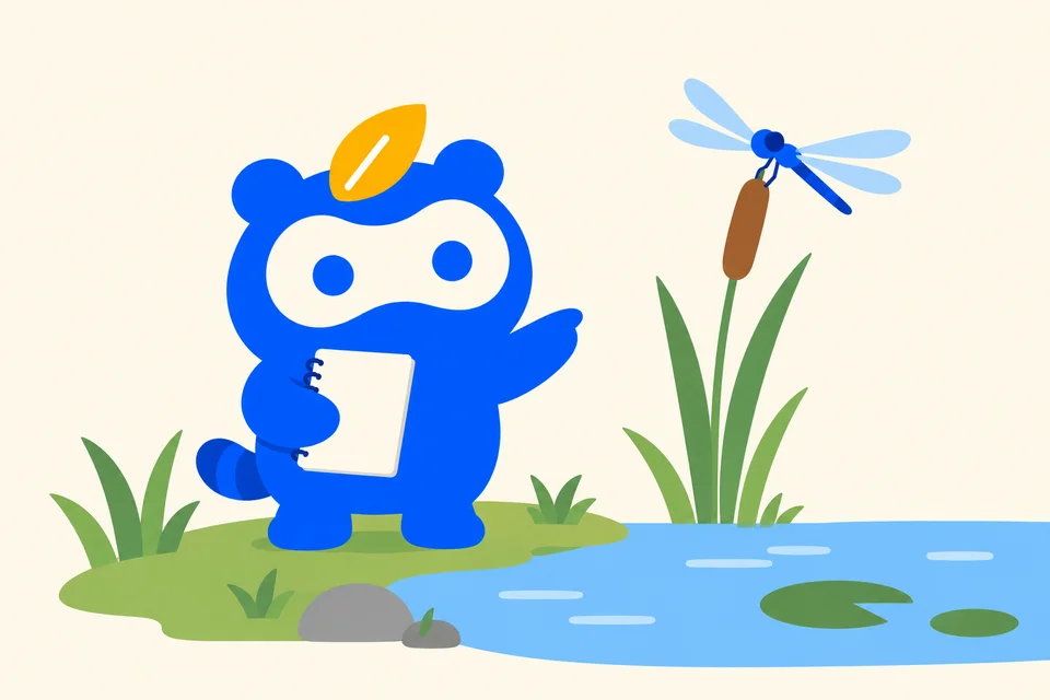 水辺の草に止まるトンボを、ノートを手に観察するソクポンのマスコット。