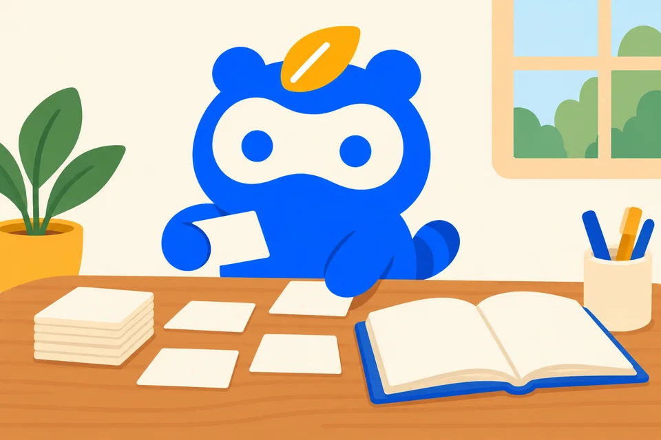 机で無地のカードと開いた本を使い、読み方を整理するソクポンのマスコット。