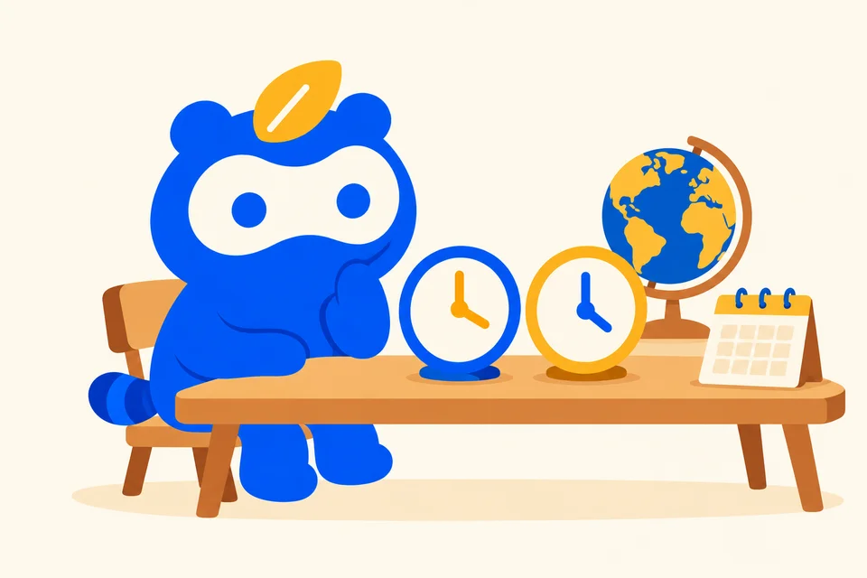 机の上に並べた二つの時計を見比べるソクポンのマスコット。そばに地球儀とカレンダーがあります。